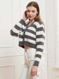 Button Down V-Neck Striped Cardigan - felvior