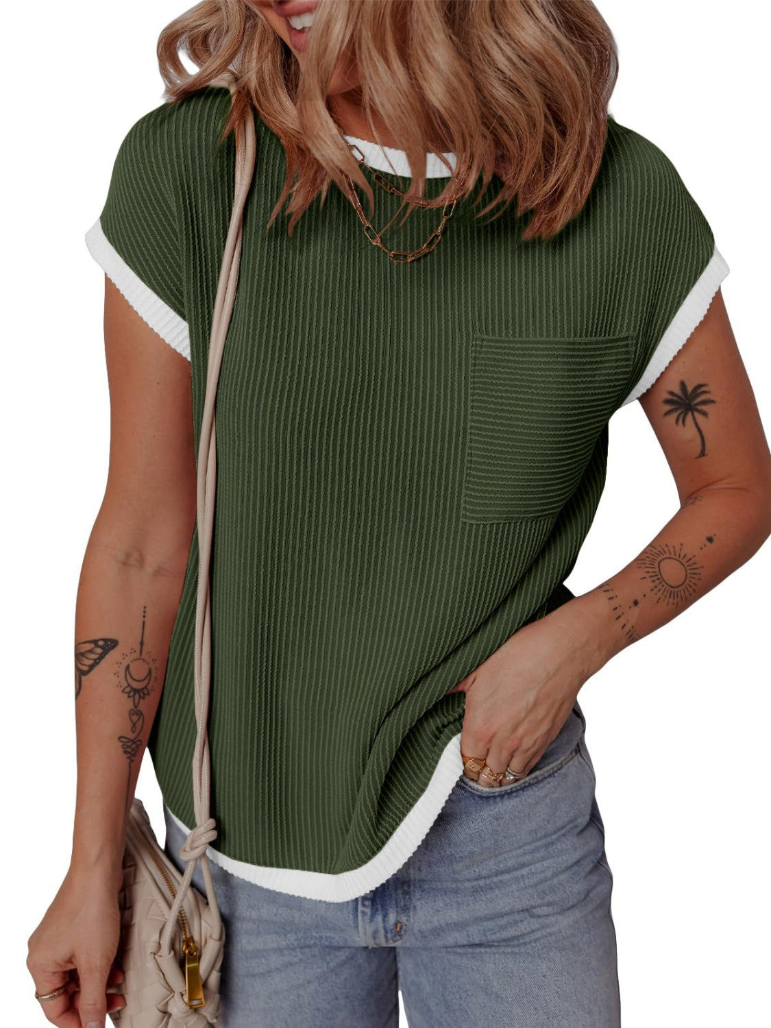 Contrast Trim Round Neck Short Sleeve T-Shirt - felvior