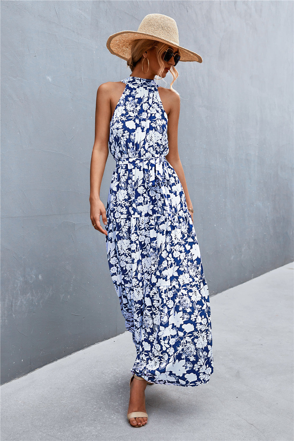 Printed Sleeveless Tie Waist Maxi Dress - felvior