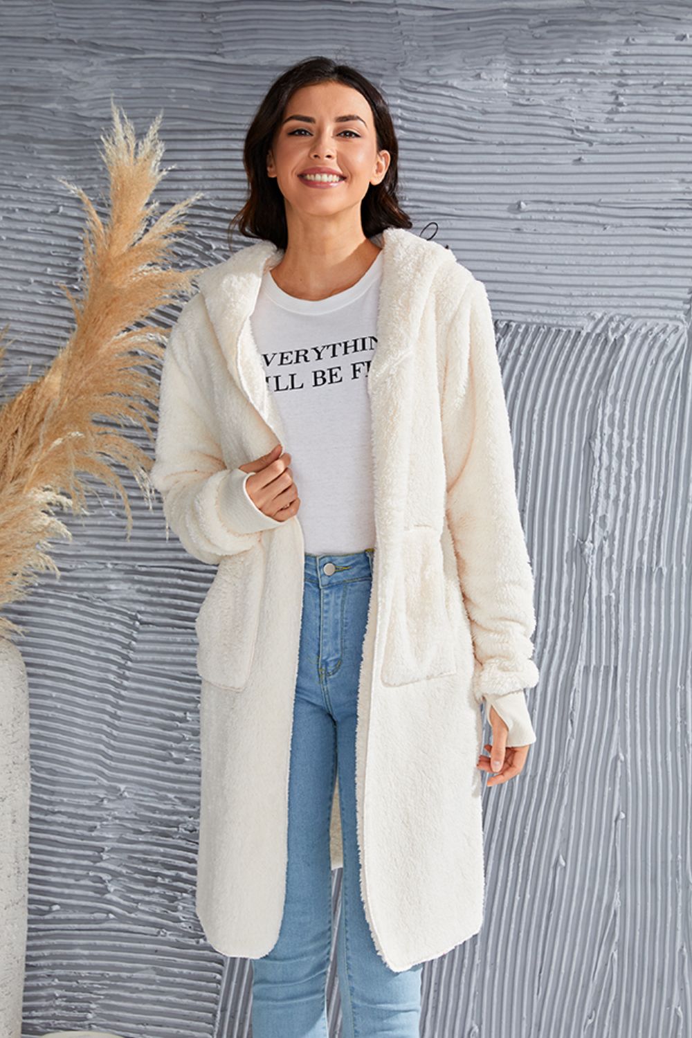 Double Take Full Size Hooded Teddy Bear Jacket with Thumbholes - felvior
