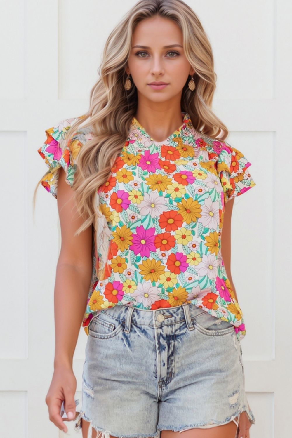 Floral Print Shirred Tiered Ruffled Sleeve Blouse Image principale du produit