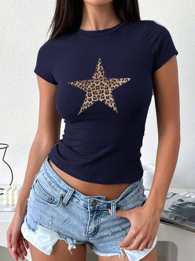 Devine Star Round Neck Short Sleeve T-Shirt - felvior