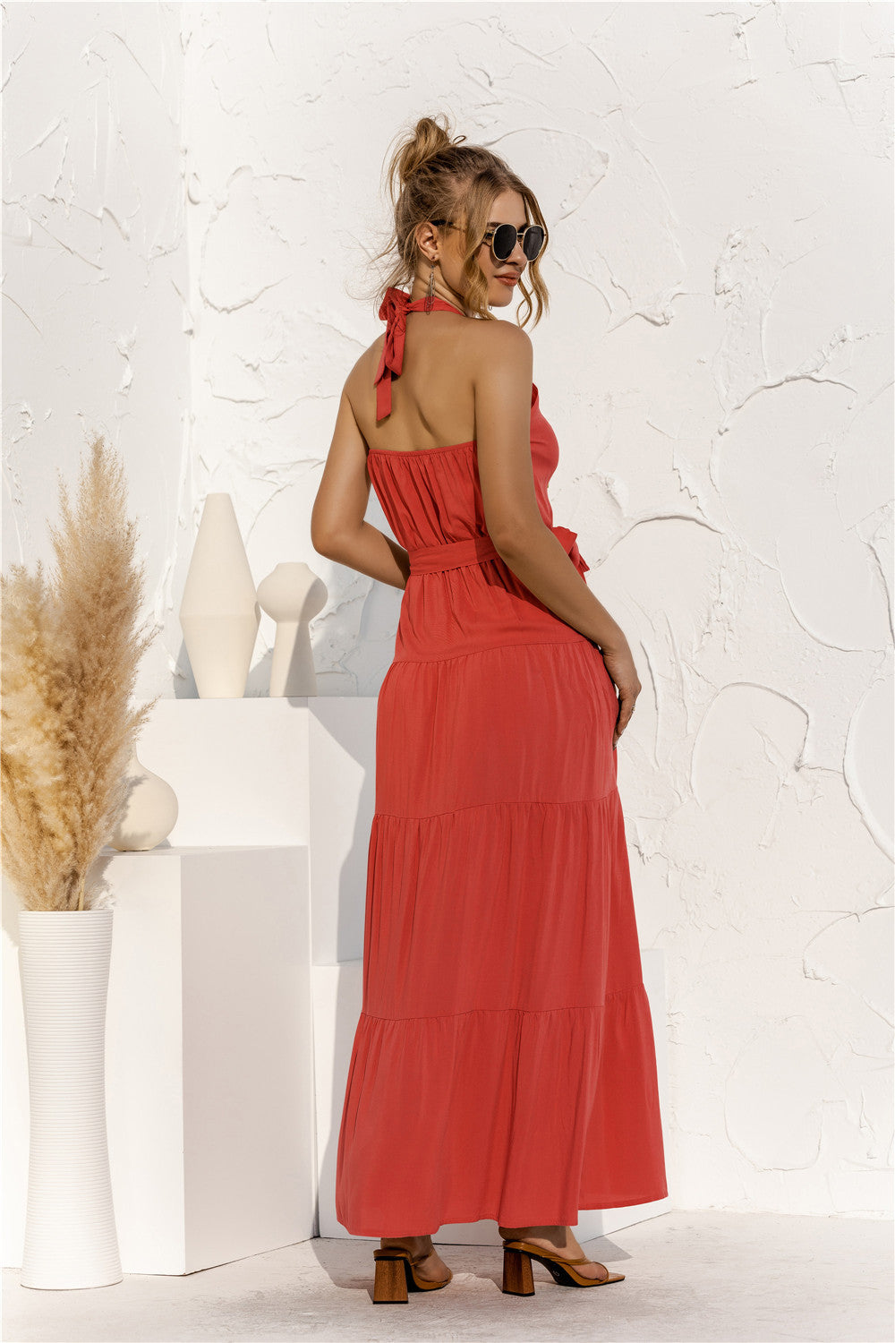 Halter Neck Tie Waist Tiered Maxi Dress - felvior