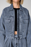 Zip Up Jacket and Drawstring Shorts Denim Set - felvior
