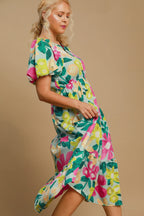 Umgee Full Size Tiered Floral Print Notched Puff Sleeve Midi Dress Plus Size