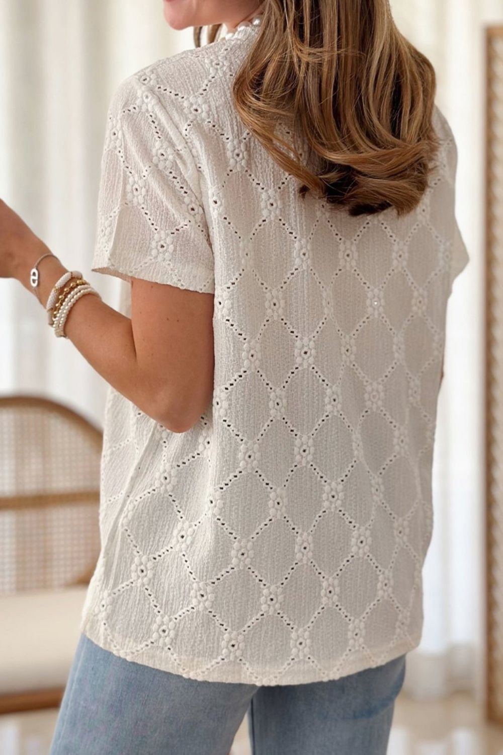 Eyelet Round Neck Short Sleeve Blouse