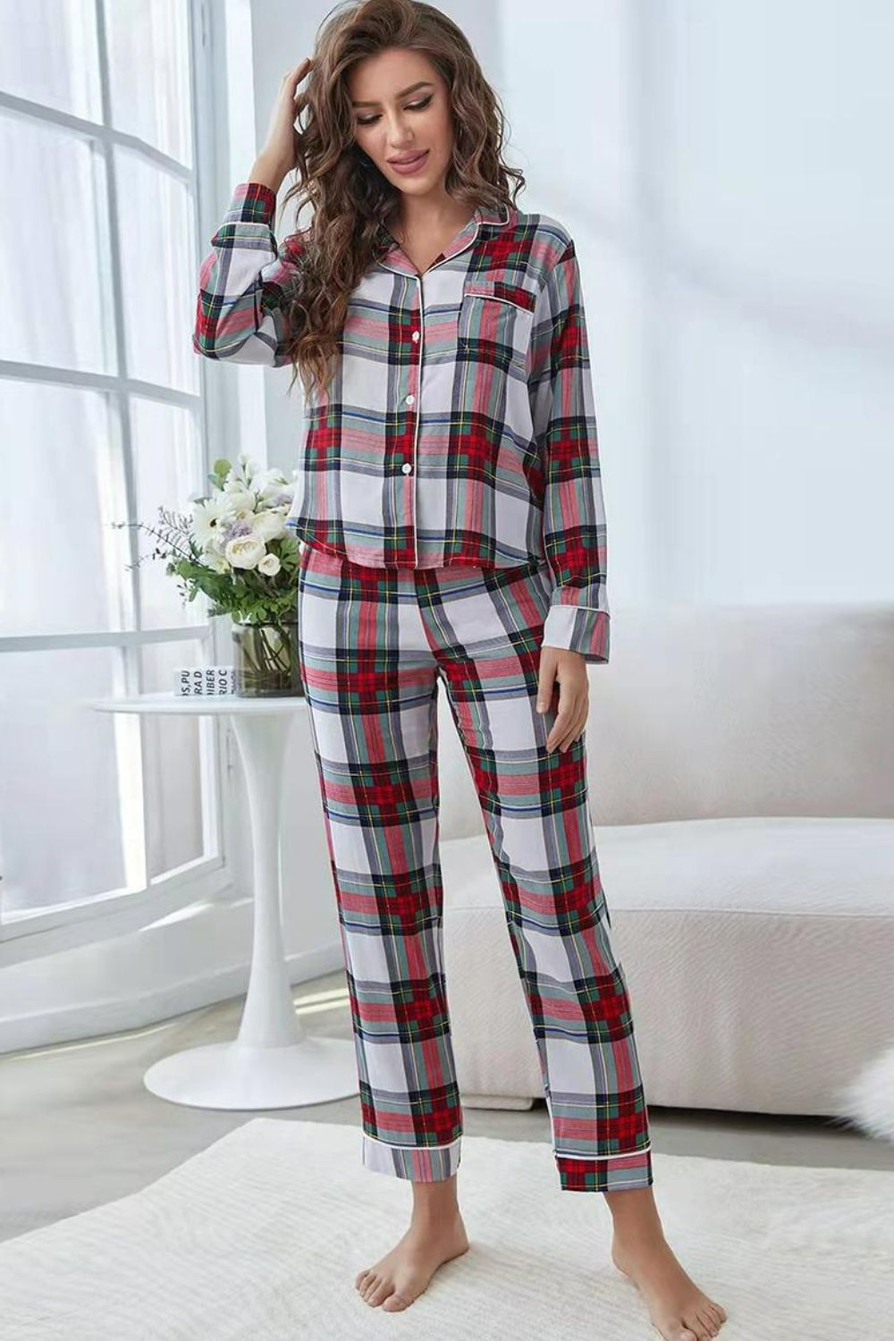 Plaid Button Front Top and Pants Lounge Set - felvior