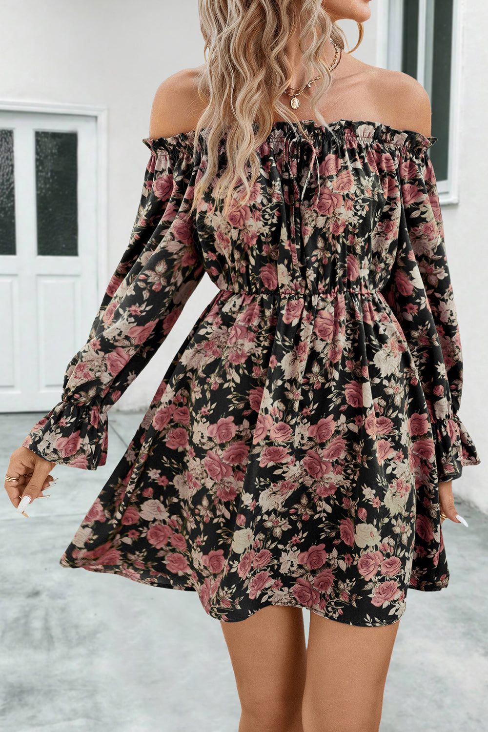 Floral Off-Shoulder Flounce Sleeve Dress - felvior