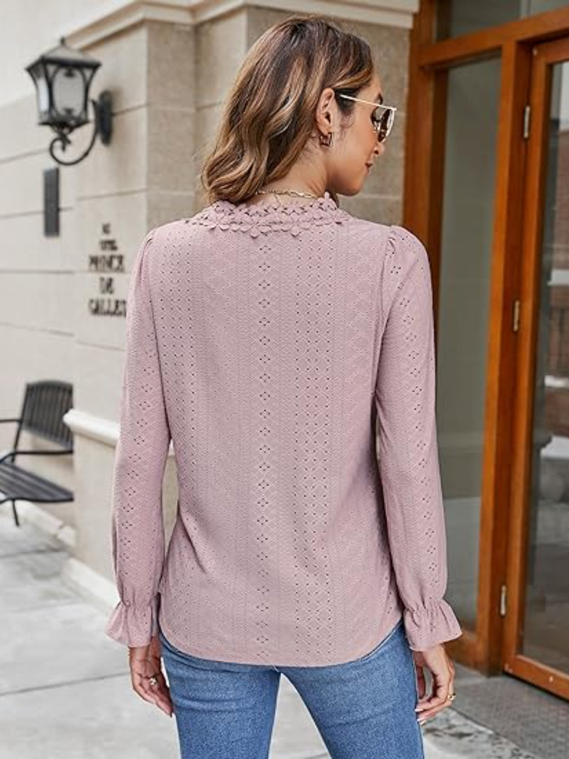 Lace Detail Eyelet V-Neck Flounce Sleeve Blouse