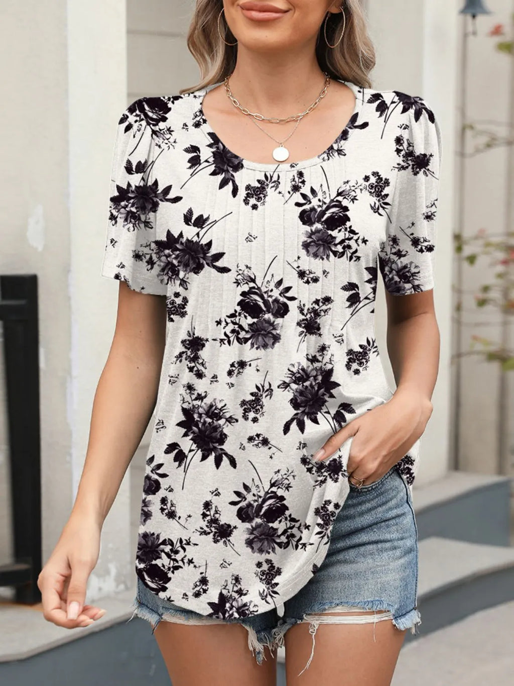 Floral Round Neck Short Sleeve Top