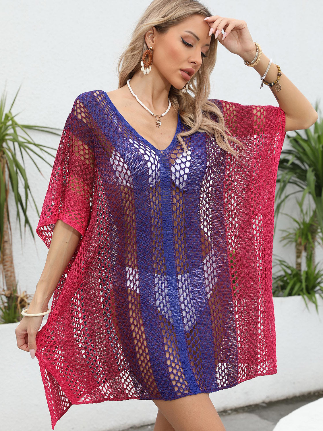 Openwork Contrast V-Neck Cover-Up - felvior