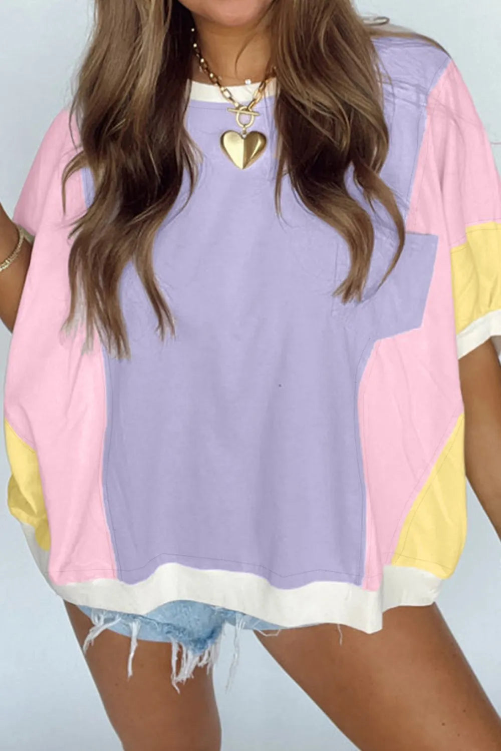 Color Block Patchwork Half Sleeve Oversized T Shirt - felvior