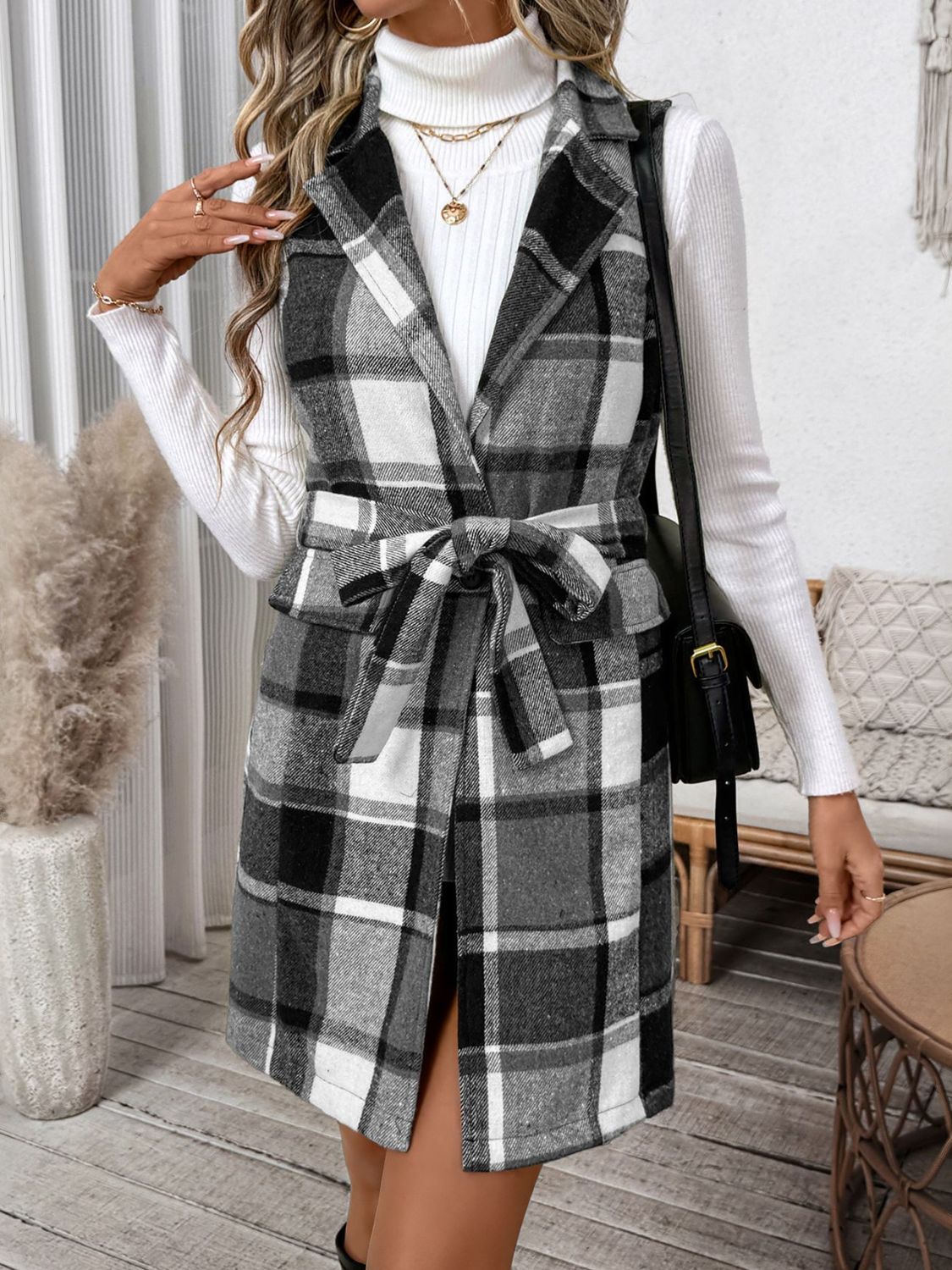 Perfee Tied Plaid Vest Coat - felvior