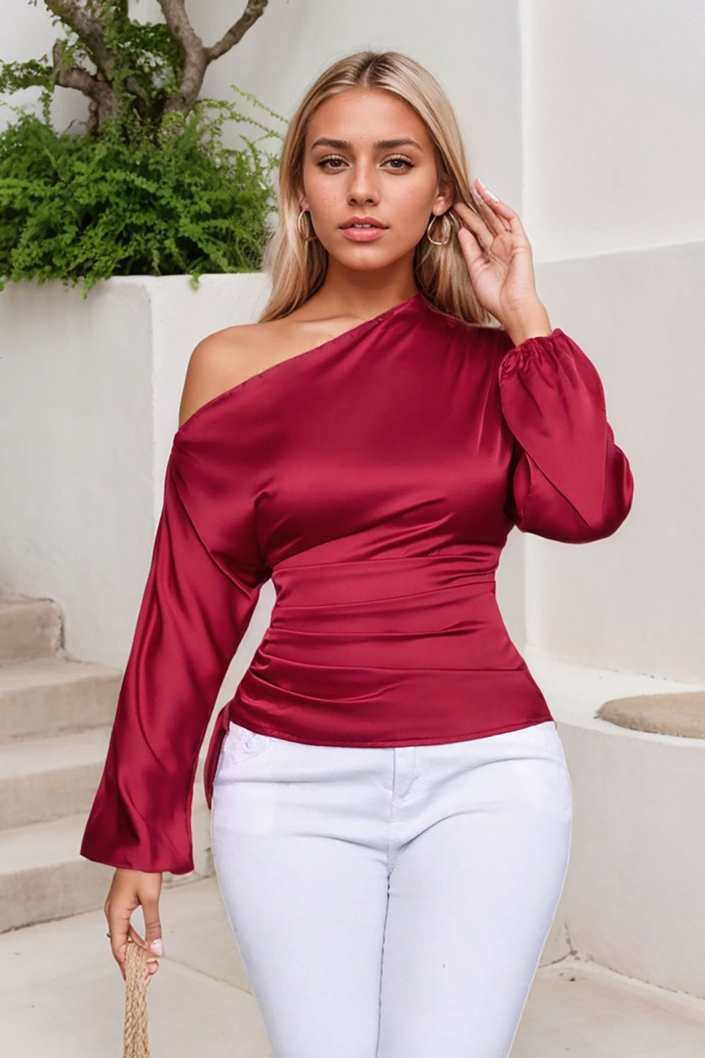 Drawstring One Shoulder Long Sleeve Blouse - felvior