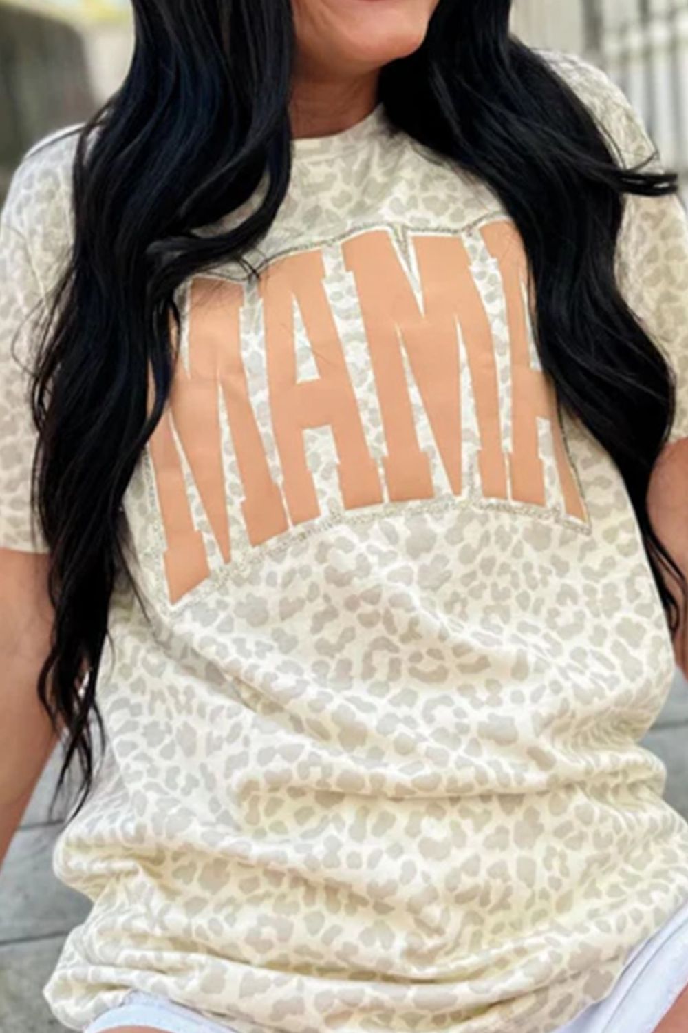 MAMA Letter Graphic Leopard Round Neck T-Shirt