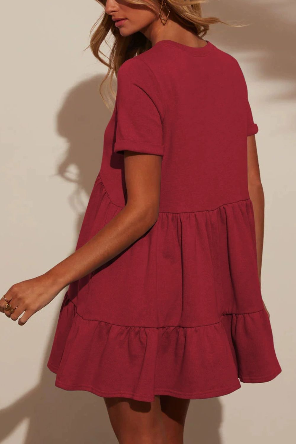 Tiered Round Neck Short Sleeve Mini Dress - felvior