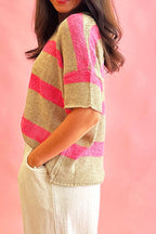 Contrast Striped Crew Neck Lightweight Knit Top