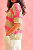 Contrast Striped Crew Neck Lightweight Knit Top - felvior