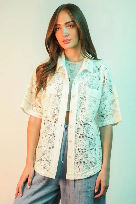 VERY J Plus Size Oversized Crochet Button Down Shirt Top