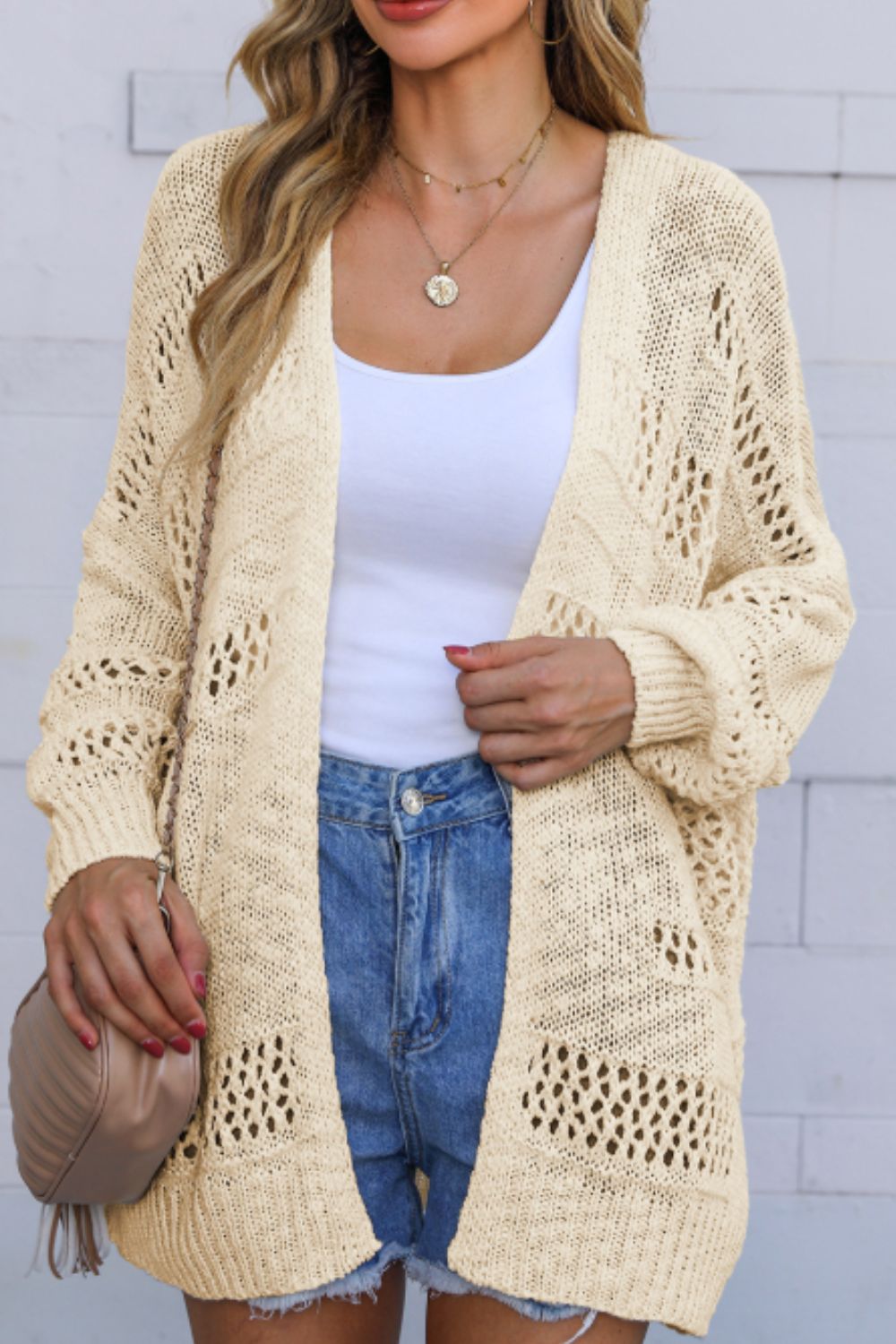 Openwork Open Front Long Sleeve Cardigan - felvior