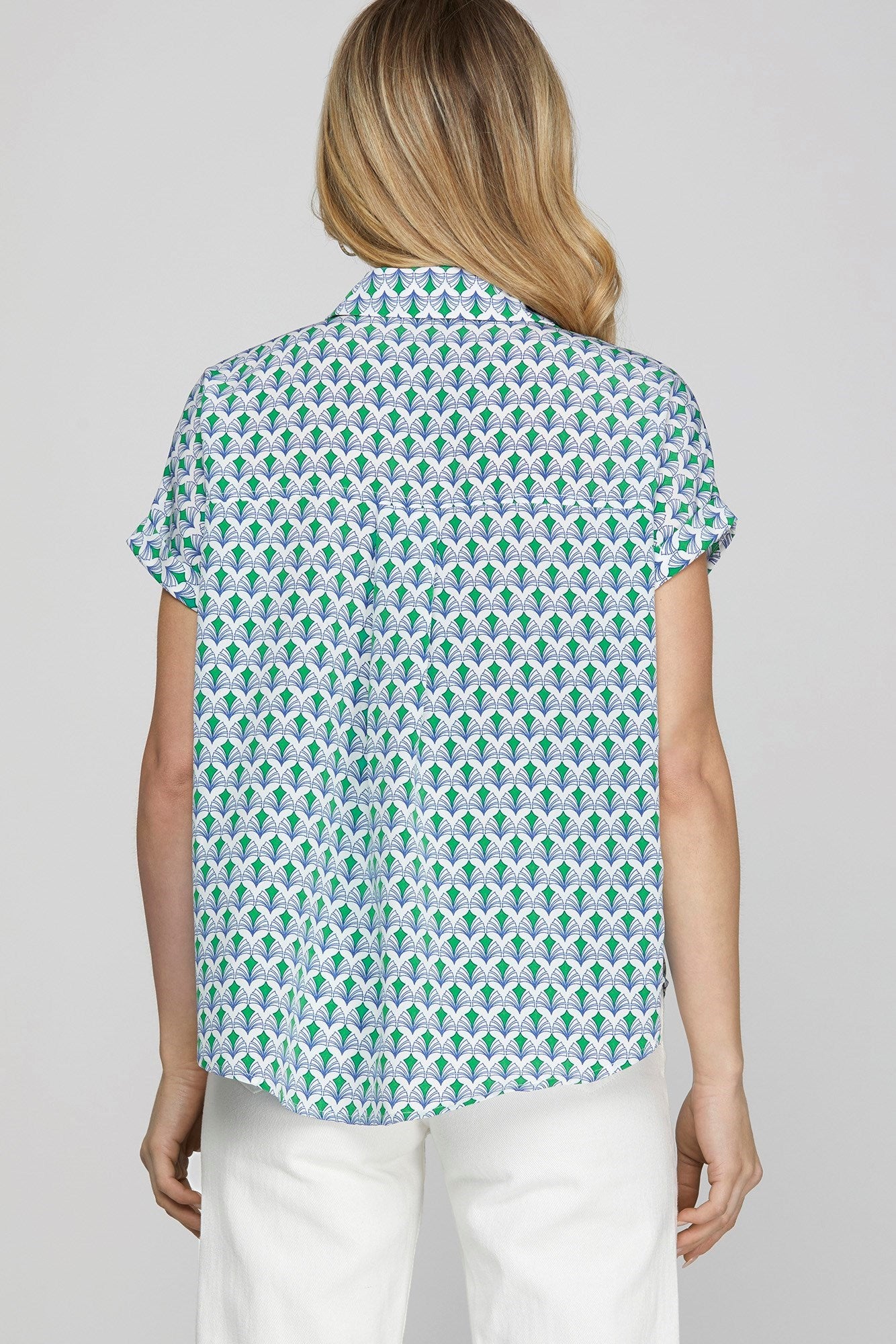 She + Sky Full Size Printed Johnny Collar Short Sleeve Blouse Plus Size