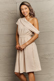 Perfee Swiss Dot Asymmetrical Neck Dress - felvior