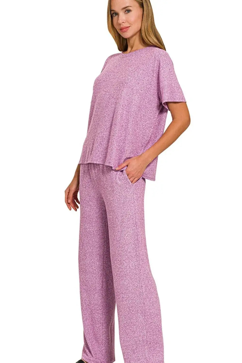 Zenana Soft Melange Short Sleeve Tee & Long Pants Set Hauptbild