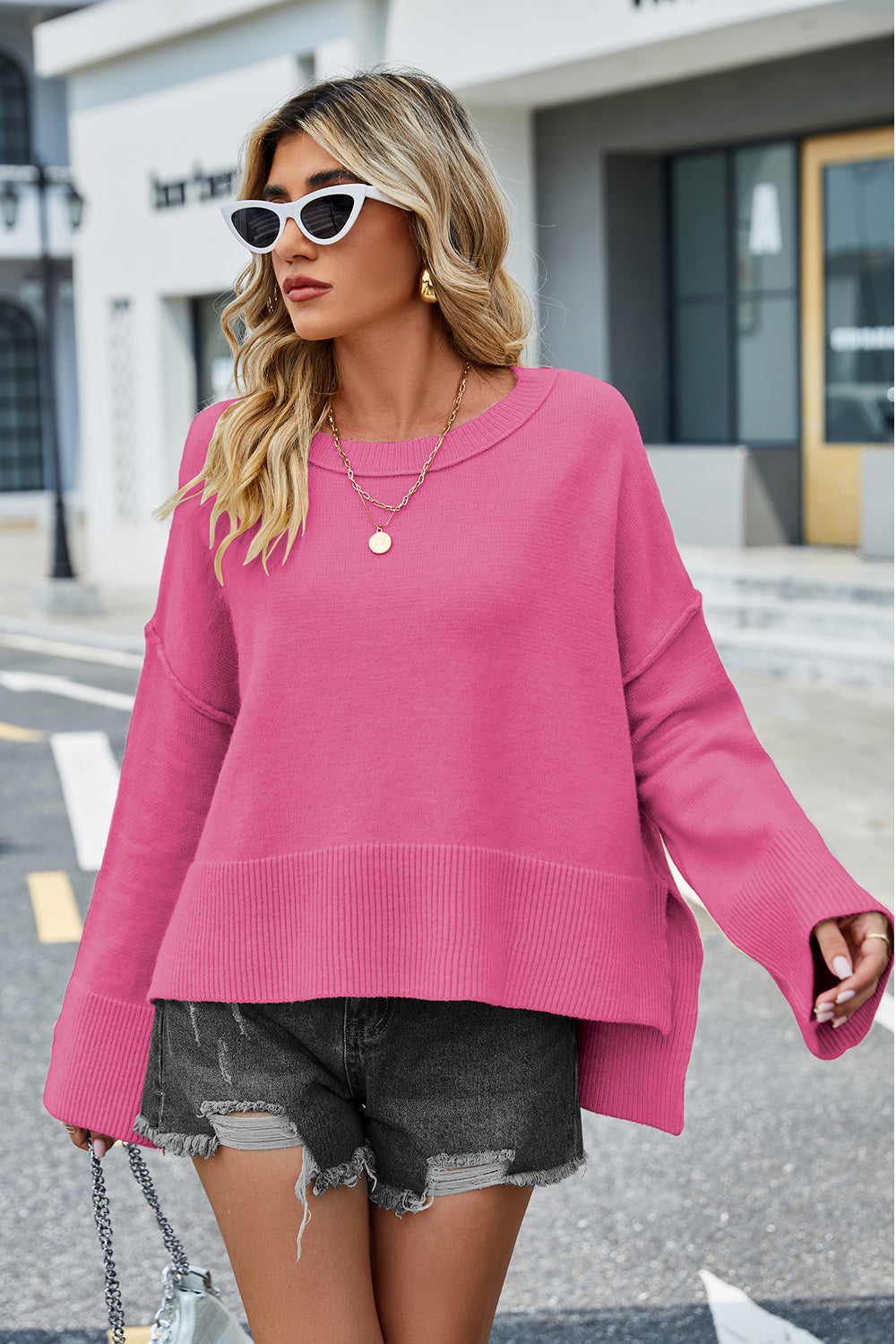 High-Low Slit Round Neck Long Sleeve Sweater - felvior