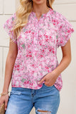 Floral Half Button Round Neck Short Sleeve Blouse - felvior