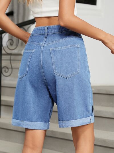 Heart-Pattern Rolled Hem Denim Shorts - felvior