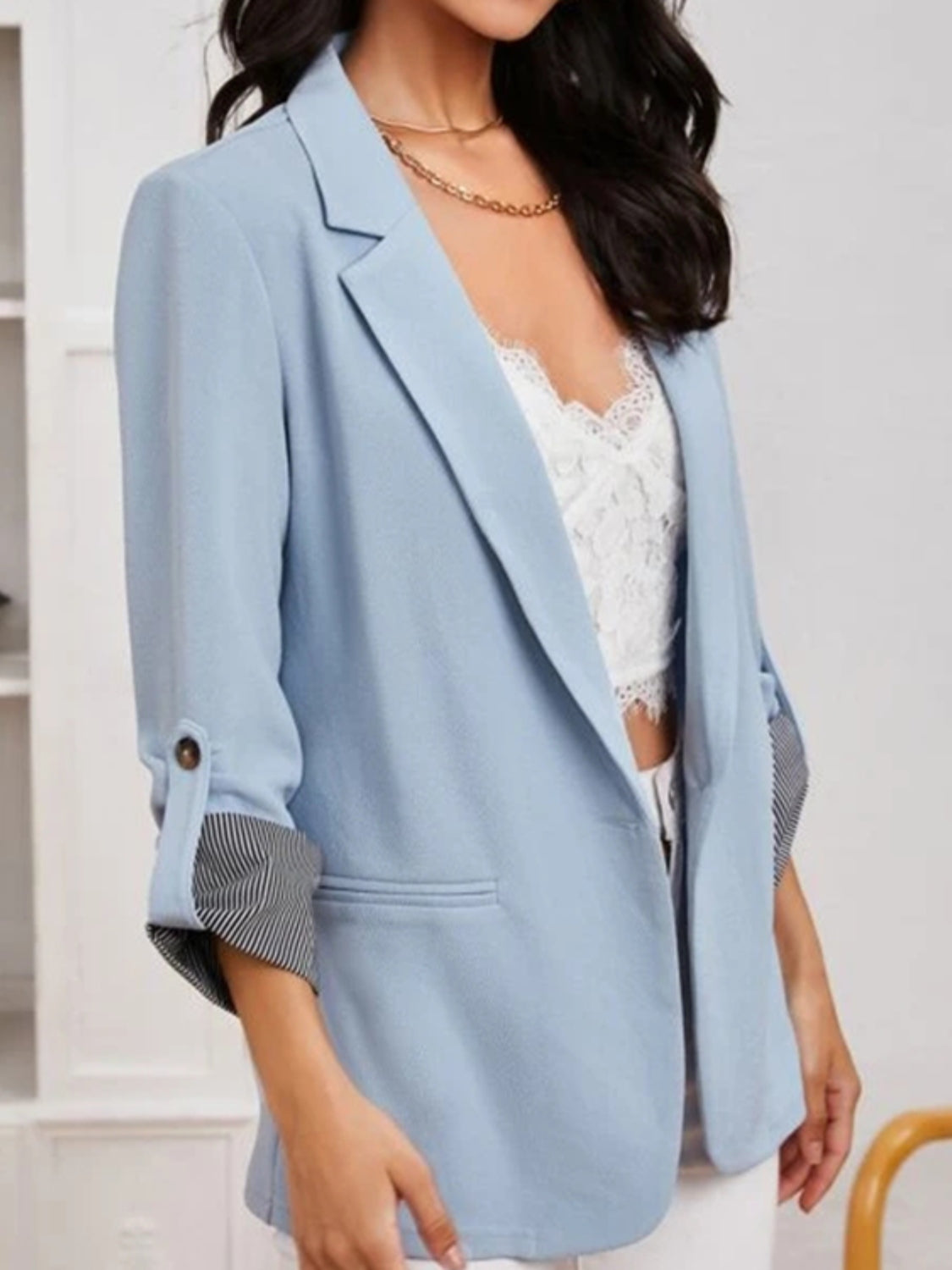 Lapel Collar Roll-Tab Sleeve Blazer - felvior