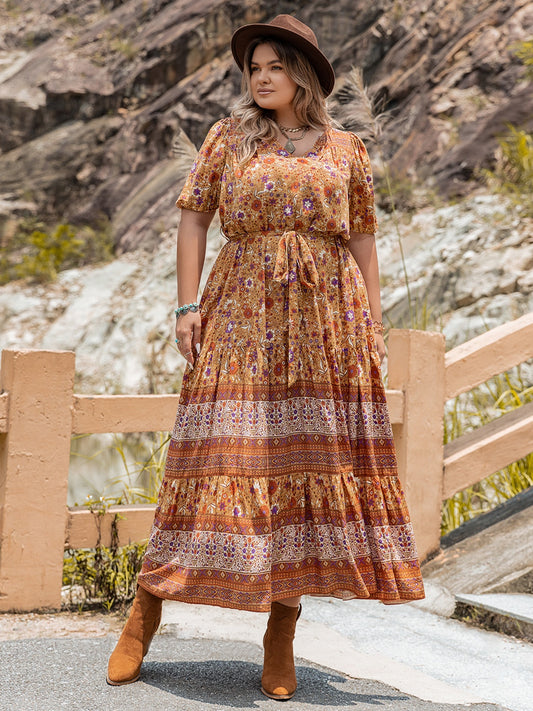Plus Size Tie Waist Puff Sleeve Dress - felvior