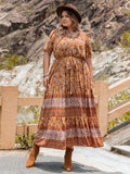 Plus Size Tie Waist Puff Sleeve Dress - felvior