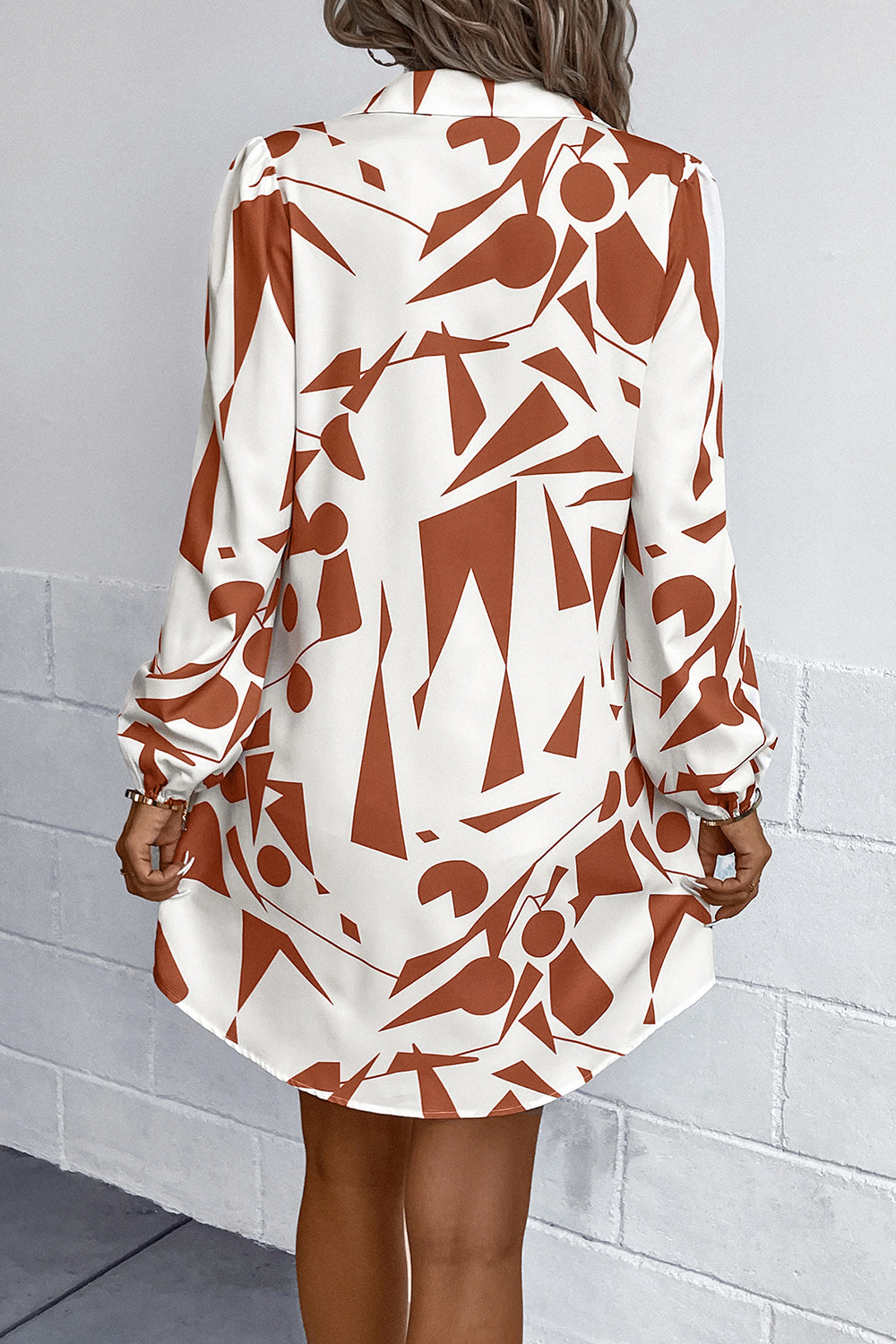 Geometric Long Sleeve Shirt Dress - felvior