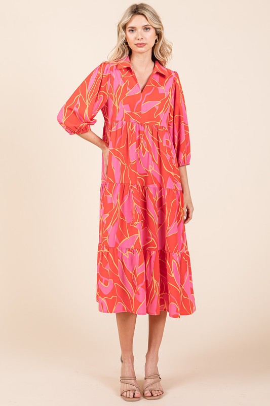 Mittoshop Tiered Printed Collared Neck Midi Dress - felvior