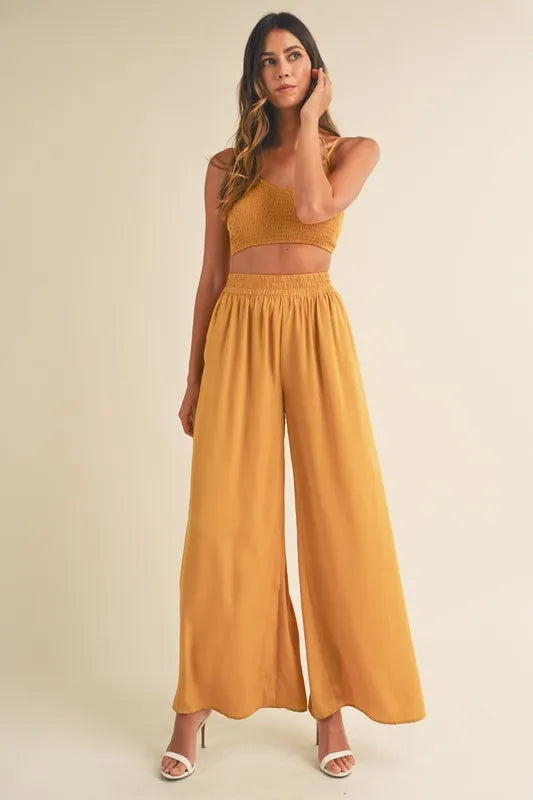 MABLE Smocked Bralette Crop Top and Wide Leg Pants Set
