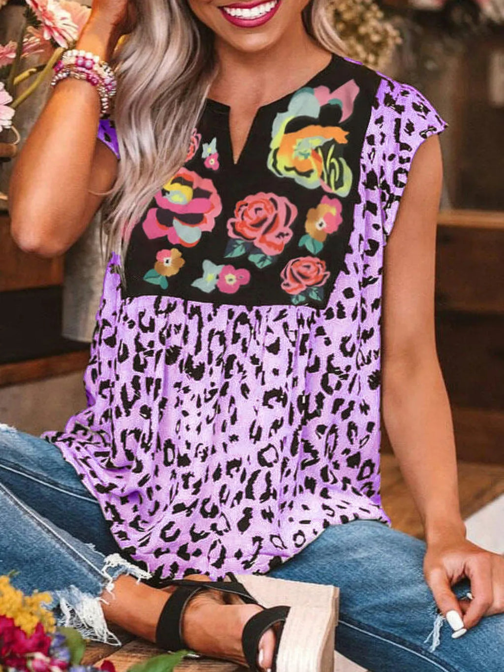 Full Size Leopard Floral Notched Cap Sleeve Blouse Plus Size