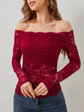 Off-Shoulder Long Sleeve Lace Top - felvior