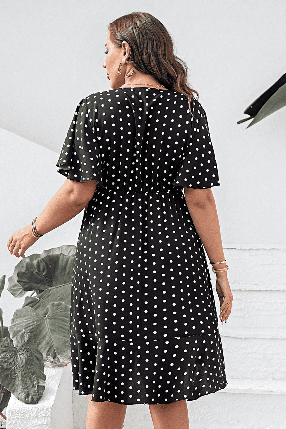 Plus Size Polka Dot Flutter Sleeve Dress - felvior