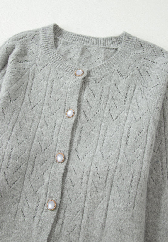 Openwork Button Down Long Sleeve Cardigan - felvior