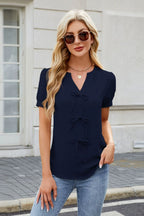 Notched Short Sleeve Blouse