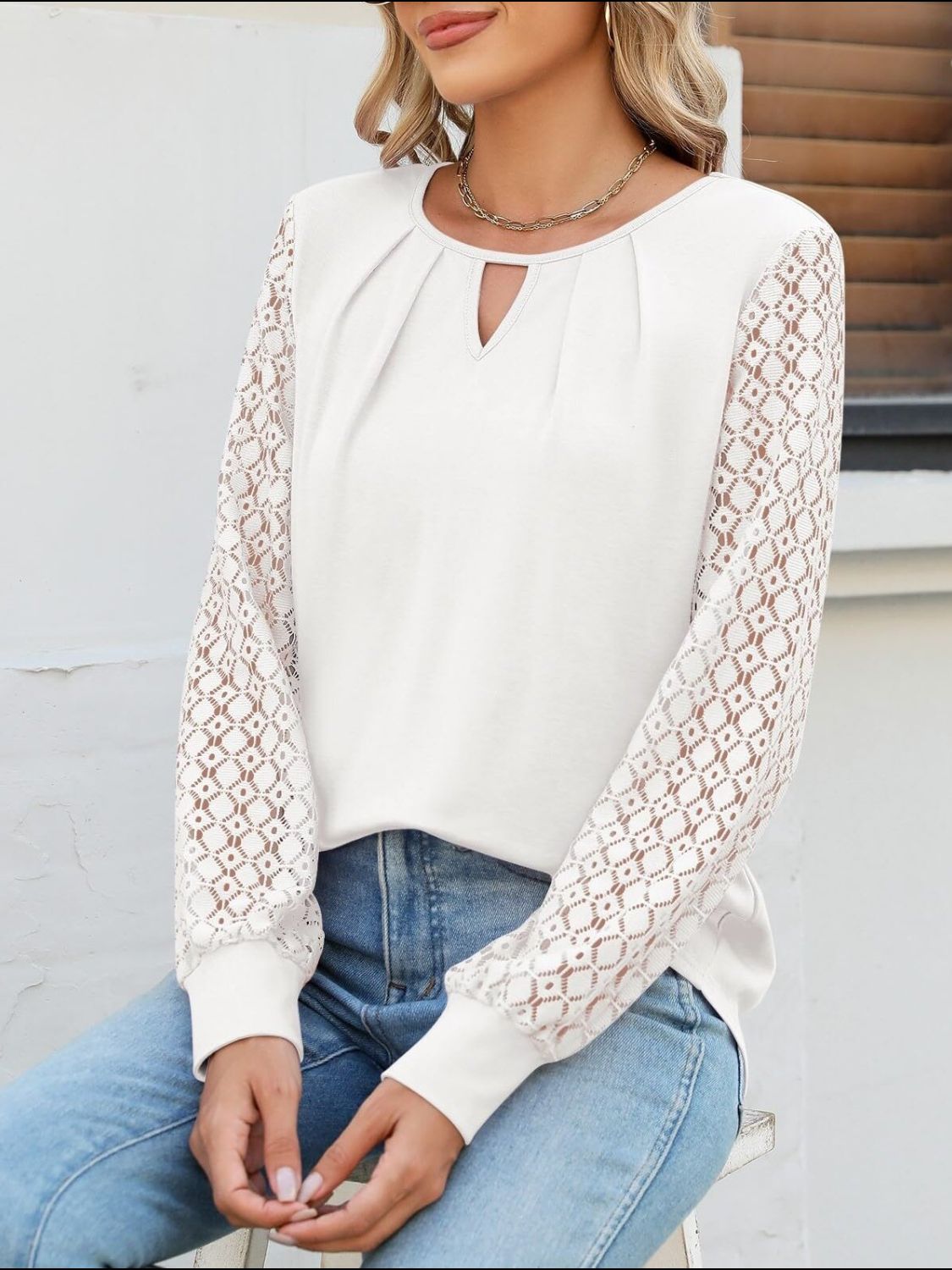 Cutout Round Neck Lace Long Sleeve Blouse - felvior