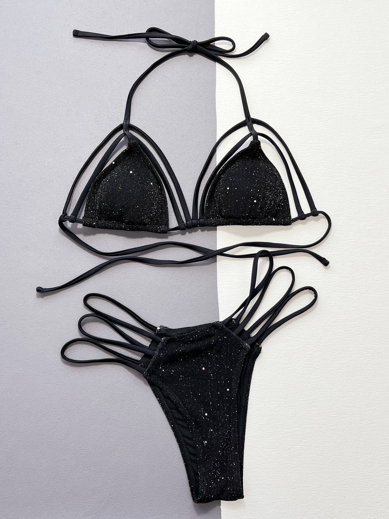 Glitter Halter Neck Strappy Two-Piece Bikini Set - felvior