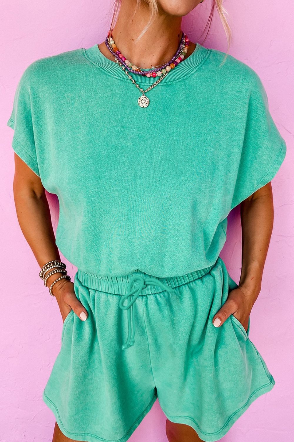 Mineral Wash Hollow Out Back Drawstring Waist Romper