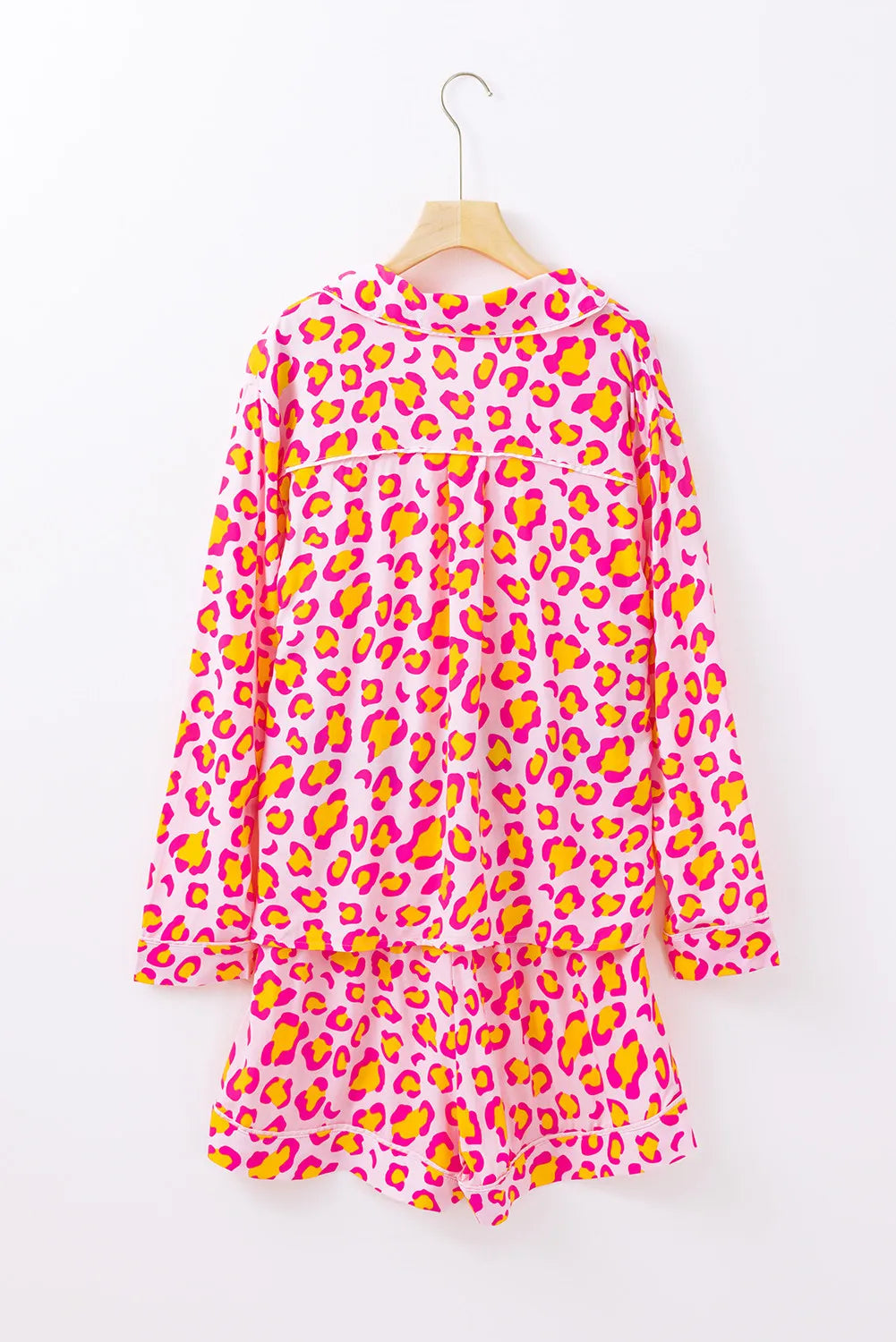 Leopard Collared Neck Long Sleeve Top and Shorts Lounge Set - felvior
