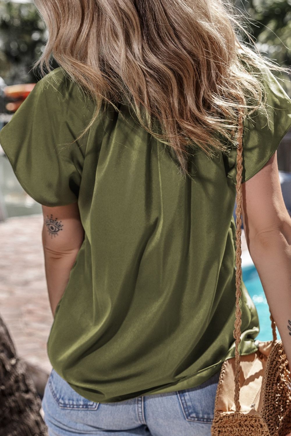 Pleated Flutter Sleeve Satin Top - felvior