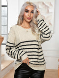 Striped Round Neck Cable-Knit Sweater - felvior