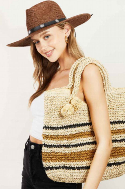 Fame Striped Straw Braided Tote Bag - felvior