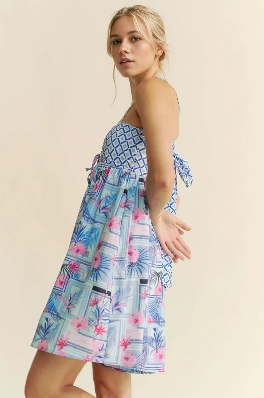 Davi & Dani Tropical Floral Geo Print Tie Back Tube Top Romper