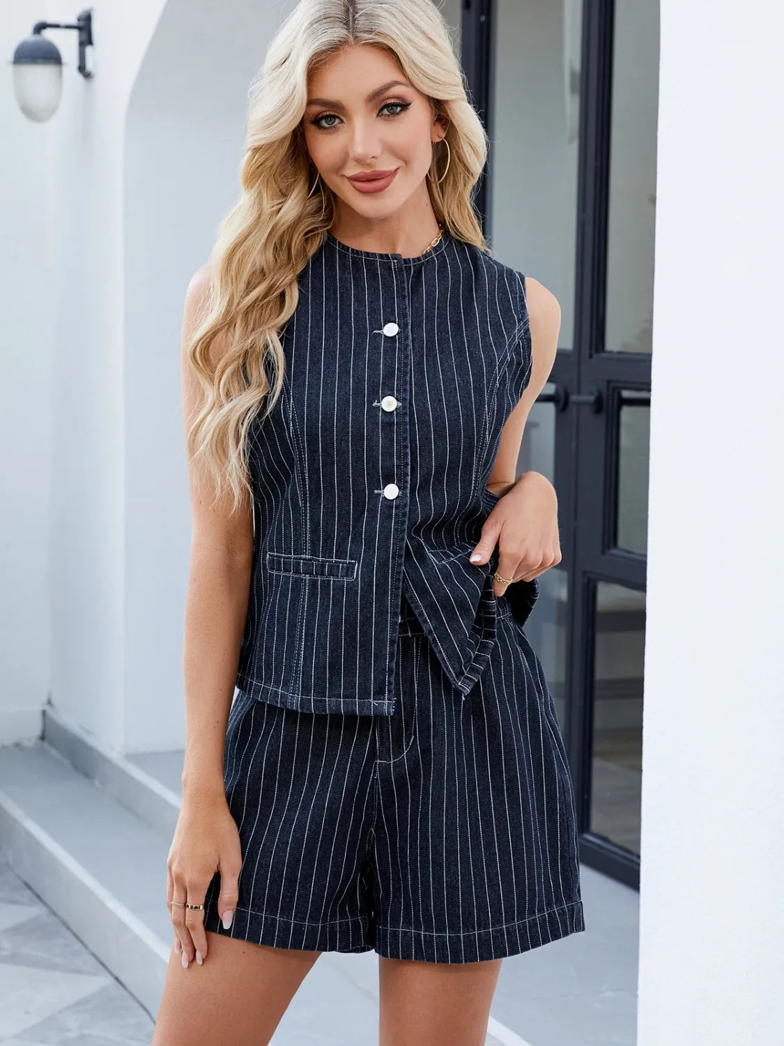 Round Neck Striped Top and Shorts Denim Set - felvior